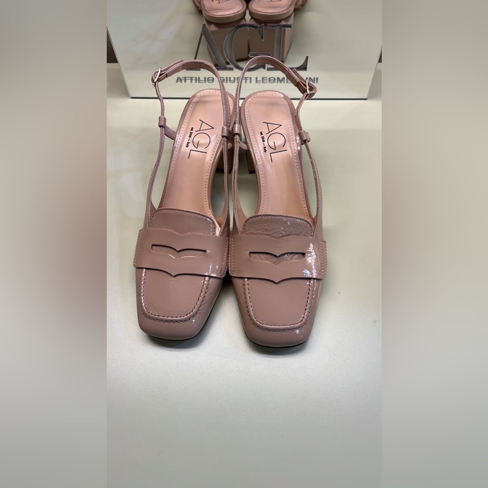 AGL Brown Leather Square Toe Slingback Low Heel Shoes | Quiet Luxury NWT